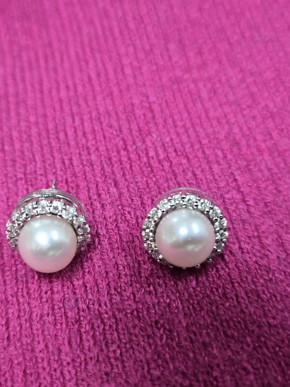 Pearl Halo Stud Earrings - White Pearl and Silver Crystal